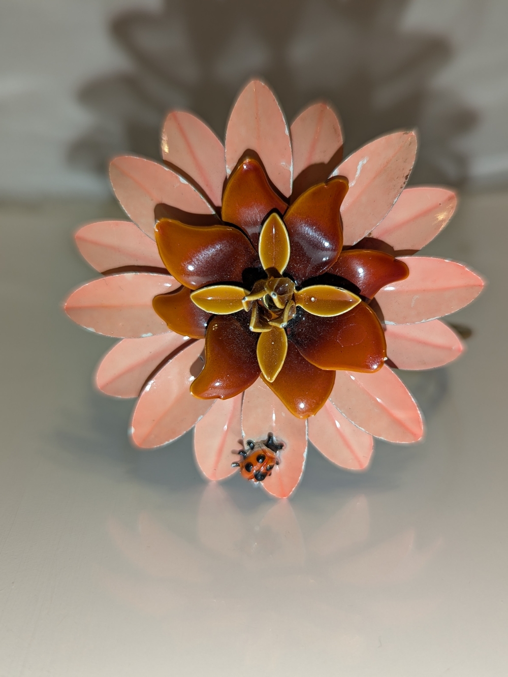 Pink and Brown Layered Flower Brooch with Ladybug Accent